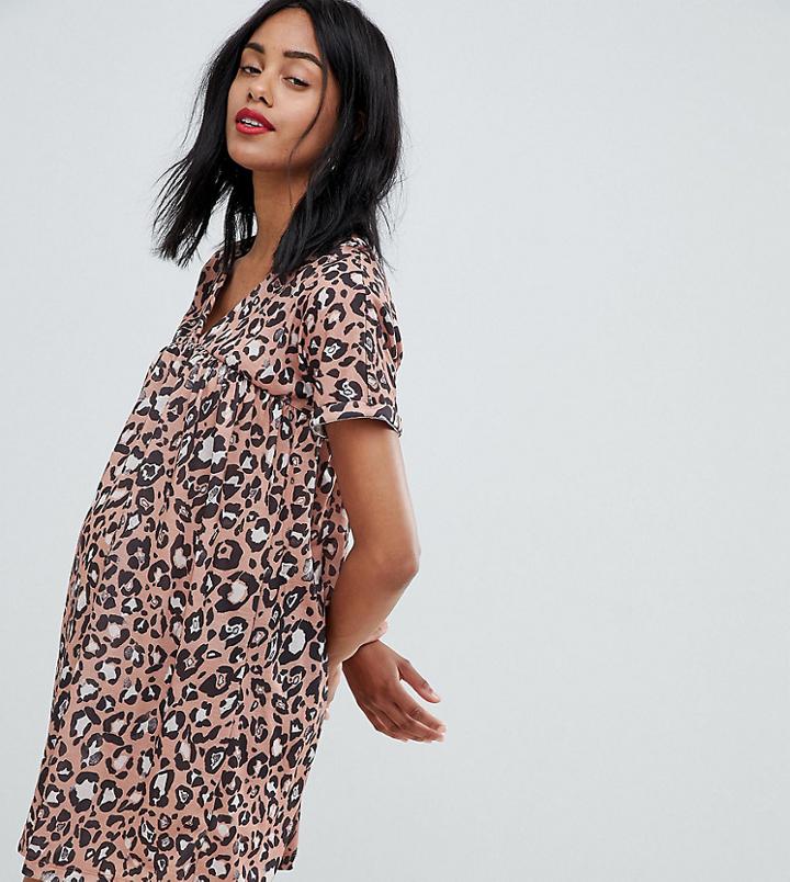 Asos Design Maternity Ultimate Cotton Smock Dress In Leopard Print - Multi