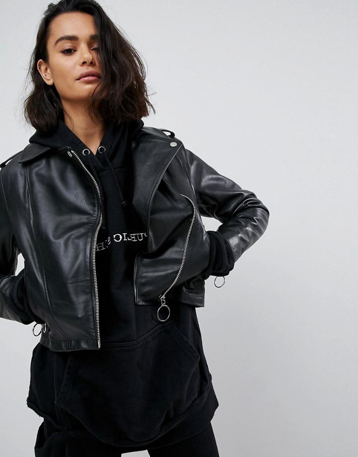 Asos Leather Jacket With Ring Pull Details - Black