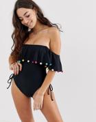 Asos Design Pom Pom Frill Off Shoulder Swimsuit With Lace Up Detail In Black - Black