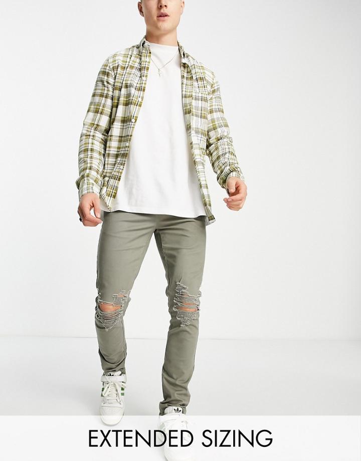 Asos Design Skinny Pants With Rips In Khaki-green