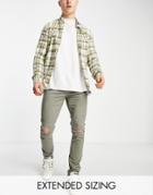 Asos Design Skinny Pants With Rips In Khaki-green