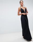 Asos Design Strappy Plunge Maxi Prom Dress With Open Back-black
