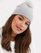Asos Design Fluffy Beanie With Faux Fur Pom In Gray