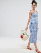 Asos Jumpsuit With Shirred Bodice In Gingham Print - Blue