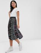 Brave Soul Gin Amidi Skirt In Mixed Spot And Floral Print-black