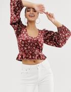 Asos Design Velvet Ditsy Print Top With Blouson Sleeve - Multi