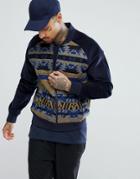 Asos Bomber Jacket In Geo-tribal Print With Cord Sleeves - Navy