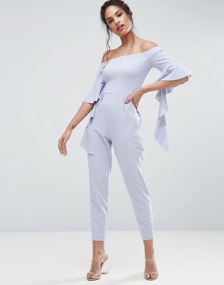 Asos Bardot Jumpsuit With Ruffle Sleeve Detail - Purple