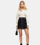 Topshop Tall Button Front Denim Mini Skirt In Washed Black