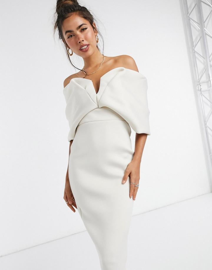 Asos Design Off Shoulder Sweetheart Bardot V Wire Pencil Midi Dress In Stone-neutral