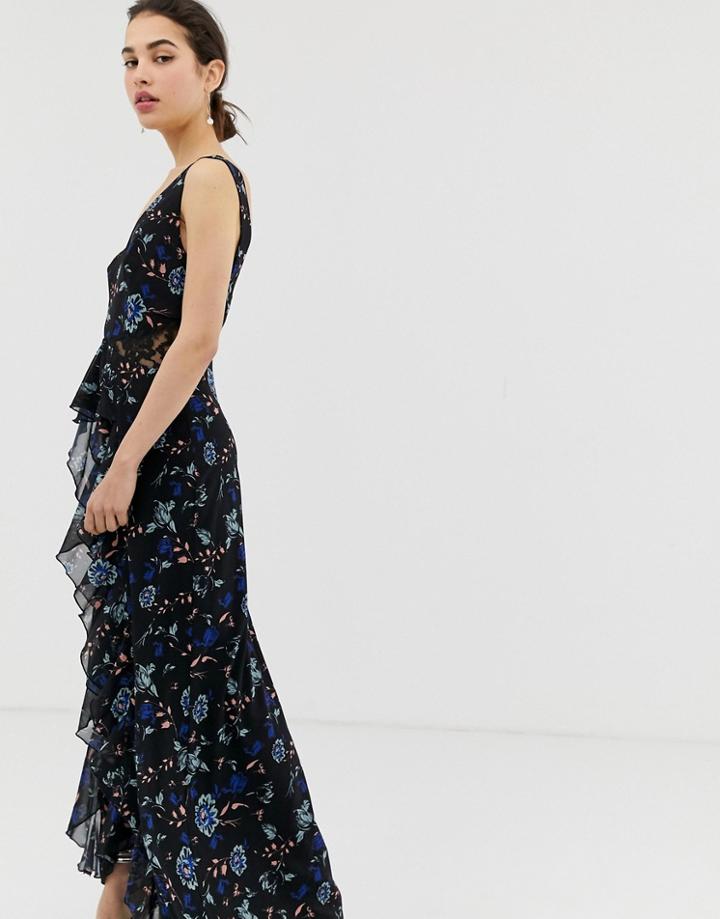 Little Mistress Floral Lace Plunge Front Maxi Dress In Black Multi