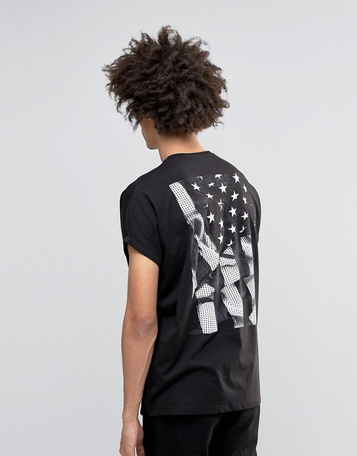 Asos Super Oversized T-shirt With Flag Back Print And Roll Sleeve - Black