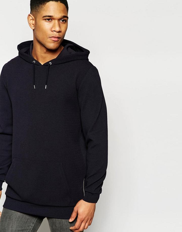 Asos Longline Crepe Hoodie With Zips In Navy - Navy