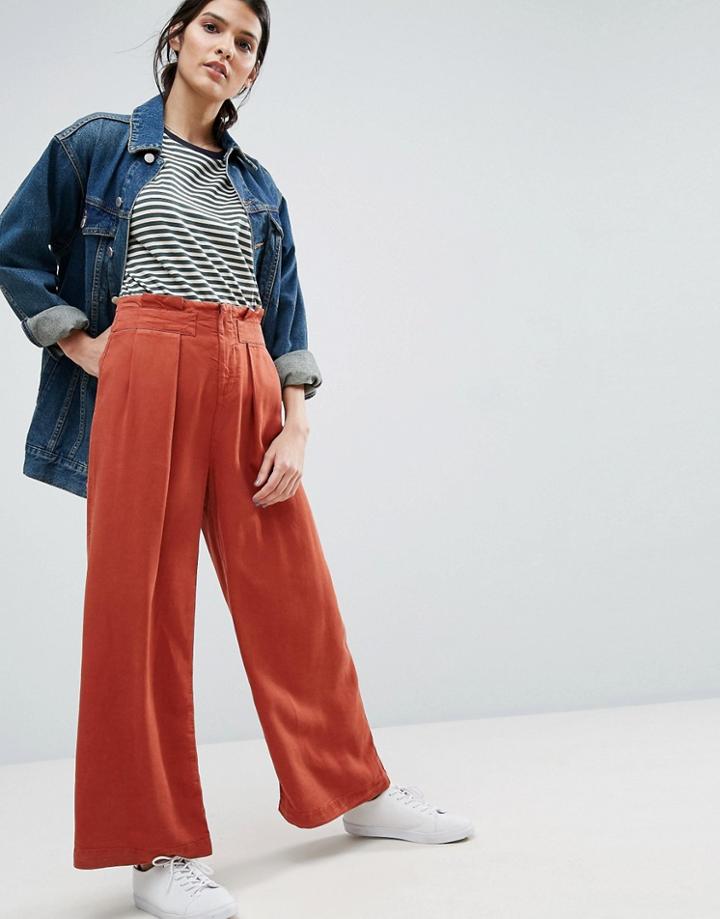 Asos High Waist Awkward Length Wide Leg Pants - Green