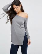 Asos Off Shoulder Slouchy Top With Side Splits - Gray