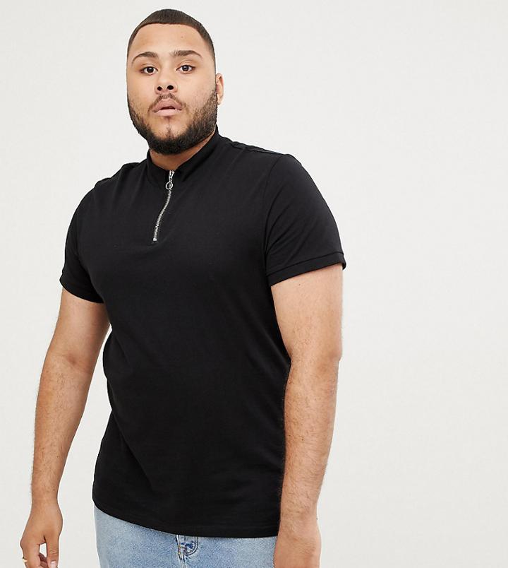 Asos Design Plus T-shirt With Zip Turtleneck In Black - Black