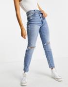 Stradivarius Slim Mom Jean With Stepped Waistband In Medium Blue-blues