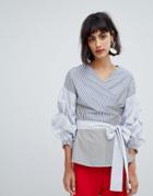 In Wear Sami Contrast Stripe Blouse With Ruched Sleeve - Blue