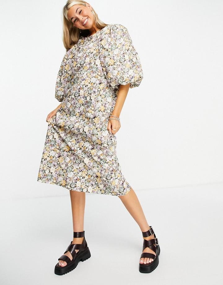 Object Exaggerated Sleeve Midi Dress In Floral Print-neutral