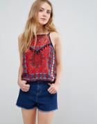 Band Of Gypsies Printed Cami Top With Pom Pom Details - Red