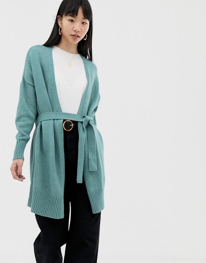 Asos Design Long Cardigan With Belt Detail - Blue