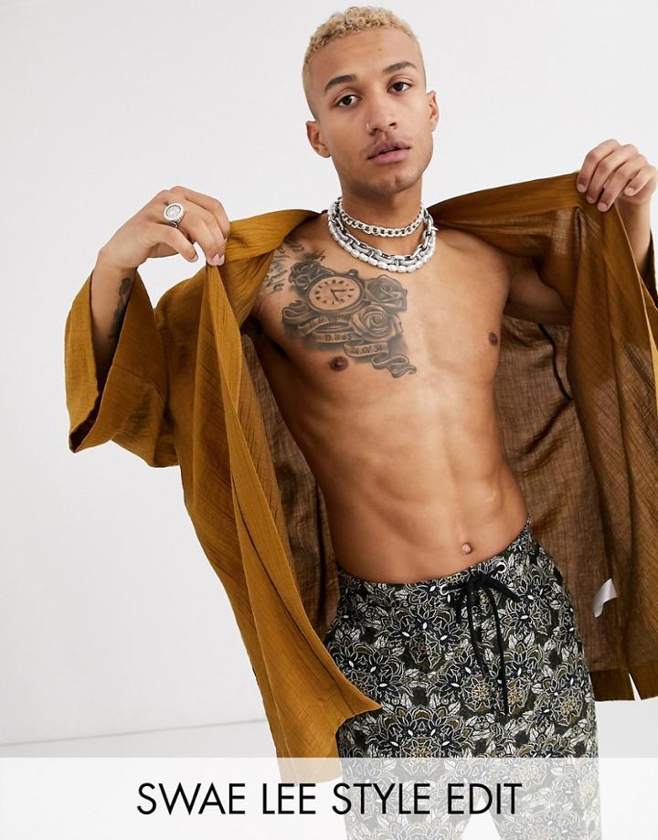 Asos Design Textured Mustard Kimono In Mustard