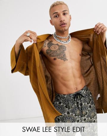 Asos Design Textured Mustard Kimono In Mustard
