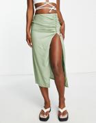 Asos Design Drapey Button Side Thigh Slit Midi Skirt In Sage Green