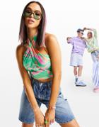 Asos Design Twist Halter Crop Top In Satin Swirl Print-multi