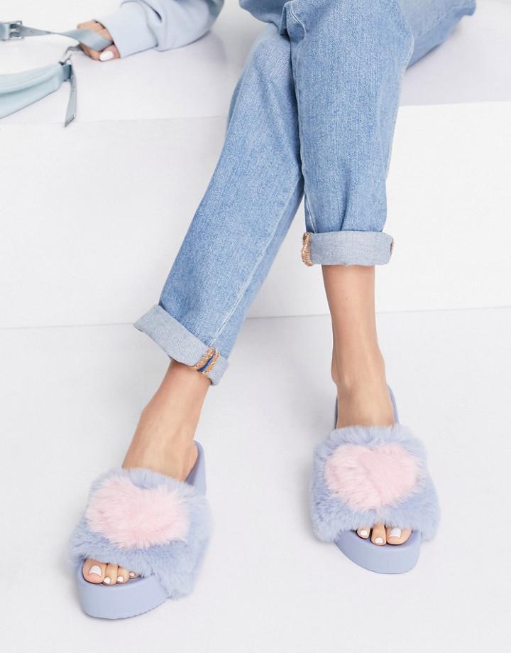 Asos Design Fabric Furry Flatform Slides In Baby Blue-blues