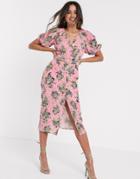 Asos Design Broderie Button Through Midi Tea Dress In Floral Print With Pearl Belt-pink