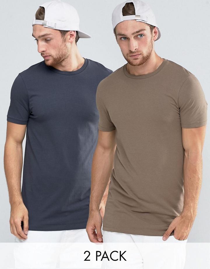 Asos 2 Pack Longline Muscle T-shirt With Crew Neck In Washed Black/brown - Multi