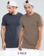 Asos 2 Pack Longline Muscle T-shirt With Crew Neck In Washed Black/brown - Multi