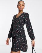 New Look V Neck Long Sleeve Mini Empire Tea Dress In Black Pattern