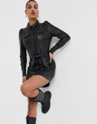 Guess Long Sleeve Shirt Dress With Padded Shoulders In Black
