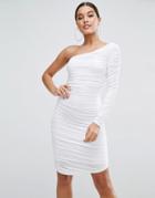 Asos One Shoulder Ruched Midi Bodycon Dress - White