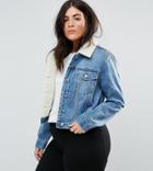 Asos Curve Denim Shrunken Borg Jacket In Tammy Midwash Blue - Blue