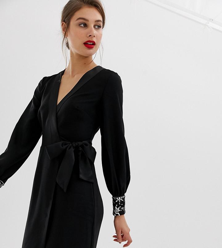 Warehouse Star Embellished Cuff Wrap Mini Dress In Black - Black