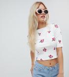 Asos Design Petite Ribbed Top With Ditsy Floral Embroidery And Lettuce Hem - White