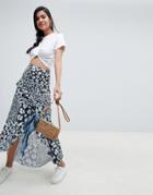 Asos Design Mixed Blue Floral Maxi Skirt With Hanky Hem-multi