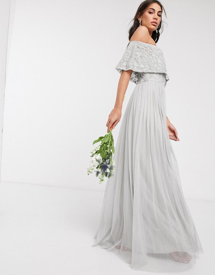 Beauut Embellished Bardot Maxi Dress In Light Gray