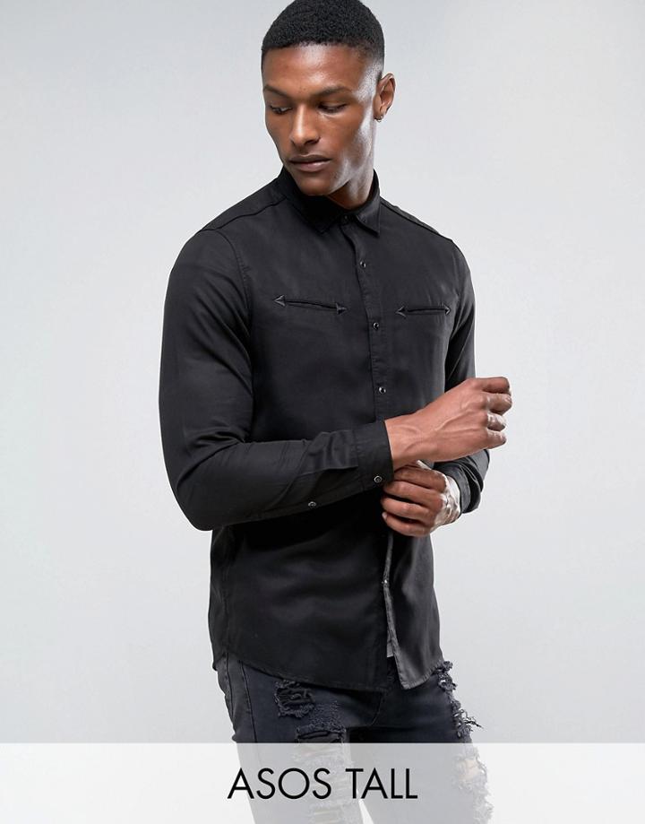 Asos Tall Regular Fit Shirt In Drape Fabric With Western Pockets In Black - Black