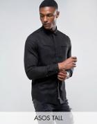 Asos Tall Regular Fit Shirt In Drape Fabric With Western Pockets In Black - Black