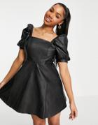 In The Style X Perrie Sian Leather Look Puff Sleeve A Line Mini Dress In Black