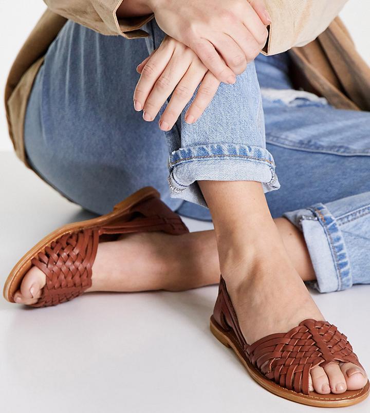 Asos Design Wide Fit Francis Leather Woven Flat Sandals In Tan-brown