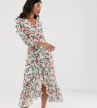 Dark Pink Wrap Midi Skirt With Frill In Cherry Print Two-piece - Multi
