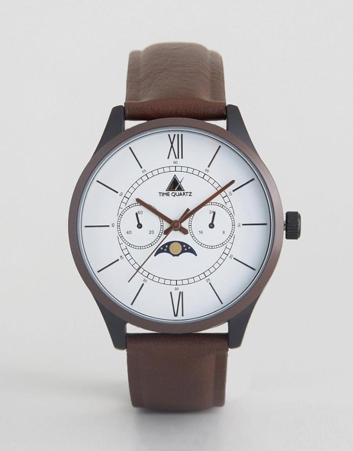 Asos Watch With Brown Faux Leather Strap And Moon Dial Face - Brown