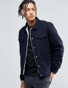 Asos Wool Mix Jacket In Navy With Fleece Lining - Navy