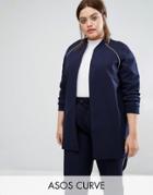 Asos Curve Longline Bomber Jacket With Piping Co-ord - Navy
