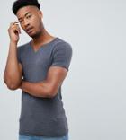 Asos Design Tall Muscle Fit Raw Notch Neck T-shirt In Gray